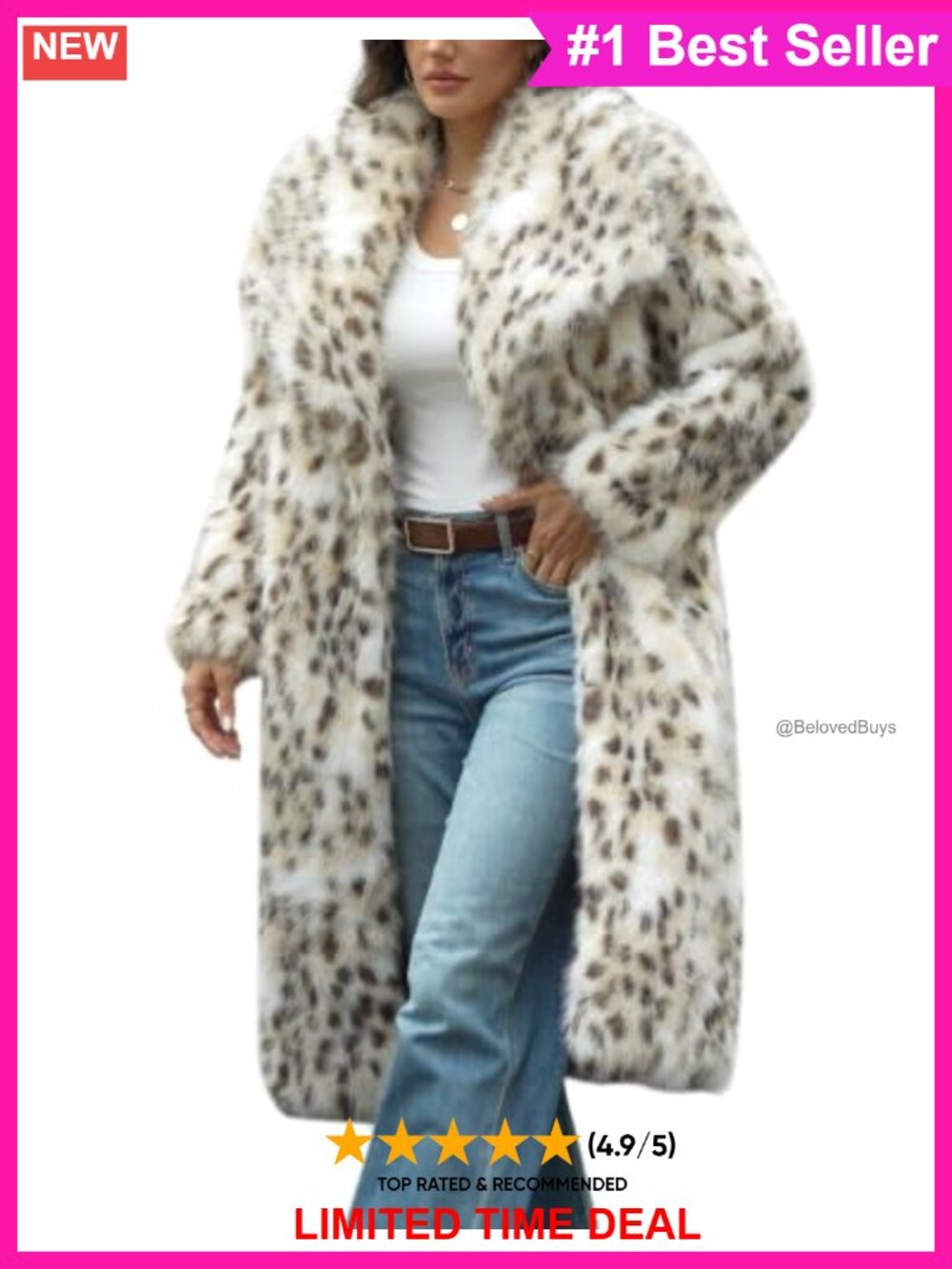 Faux Fur Long Coat Winter Fluffy Jacket Leopard Print Button Front